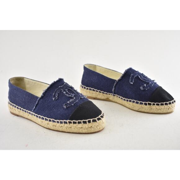 Chanel REV Blue Black Linen Canvas CC Logo Double Sole Espadrille Flat 37 RARE - Picture 4 of 14